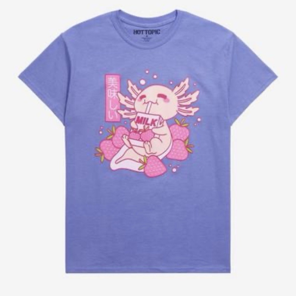 Hot Topic Axolotl Strawberry Milk Tee Purple Pink Graphic Shirt Unisex M NWT